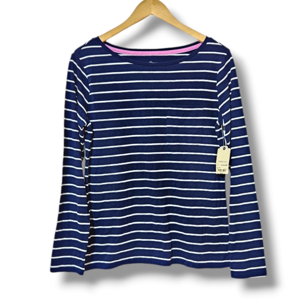 NWT St. John's Bay Women's Boat Neck Long Sleeve T-Shirt Navy Stripe